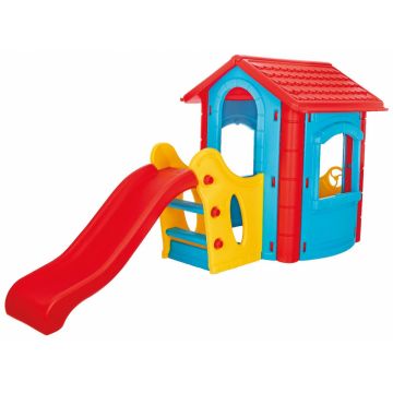 Casuta de gradina pentru copii Pilsan Happy House Blue cu tobogan integrat, plastic rezistent la intemperii, ferestre mobile, 252x131x112 cm, utilizare interiorexterior