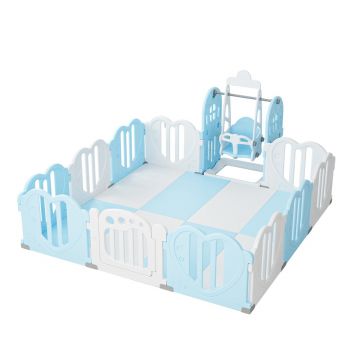 Centru de joaca Nichiduta Garden Love Fence Albastru 2 in 1 Pliabil, Modular, Margini netede, Poarta de acces cu sistem inchidere si Leagan cu inaltime reglabila, Bara de protectie si Spatar inalt