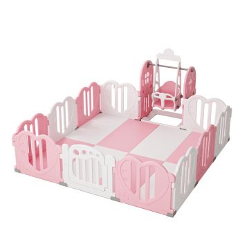 Centru de joaca Nichiduta Garden Love Fence Roz 2 in 1 Pliabil, Modular, Margini netede, Poarta de acces cu sistem inchidere si Leagan cu inaltime reglabila, Bara de protectie si Spatar inalt