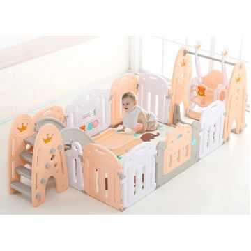 Spatiu de joaca 5 in 1 Nichiduta Crown Pink cu Leagan reglabil pe inaltime, Tobogan cu manere si trepte late, Balansoar cu jucarie muzicala si Tabla educativa