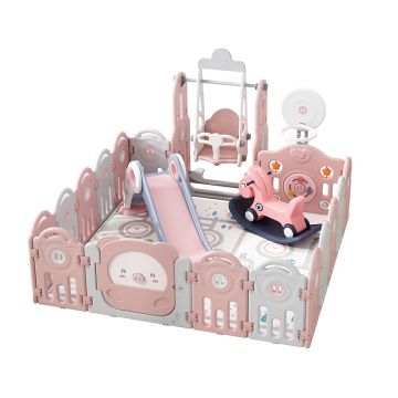 Centru de joaca Nichiduta Garden Piggy Roz 5 in 1 cu Tobogan, Leagan, Balasoar, Tarc si Cos de baschet, Varsta 1 an+