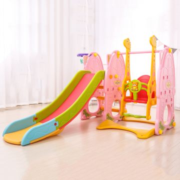 Spatiu de joaca Nichiduta Garden Family Pink 3 in 1 cu Cos de baschet, Tobogan cu trepte late, margini rotunjite si Leagan cu bara detasabila, reglabil pe inaltime