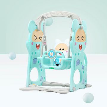 Spatiu de joaca 3 in 1 Nichiduta Happy Baby Blue cu leagan convertibil, Tobogan cu trepte late si inaltime reglabila a pantei de alunecare si Cos de baschet