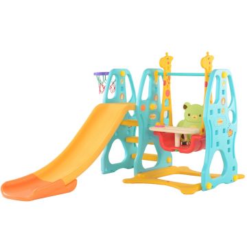 Spatiu de joaca Nichiduta Garden Blue 3 in 1 cu Cos de baschet, Leagan cu bara detasabila, Tobogan cu trepte late, manere si margini rotunjite