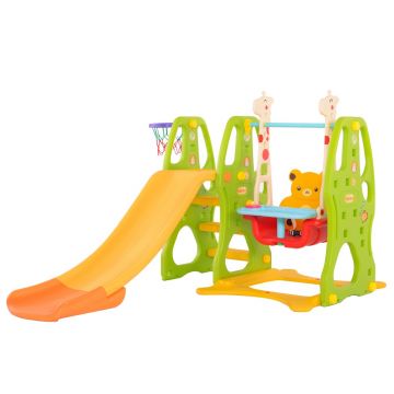 Spatiu de joaca Nichiduta Garden Green 3 in 1 cu Cos de baschet, Leagan cu bara detasabila, Tobogan cu trepte late, manere si margini rotunjite