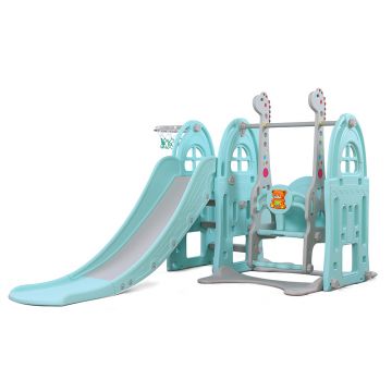 Spatiu de joaca 3 in 1 Nichiduta Garden Happy Kid Blue cu Tobogan cu trepte late si manere, Leagan cu suport picioare si bara detasabila, Cos de baschet, dimensiuni 208 x 145 x 120 cm