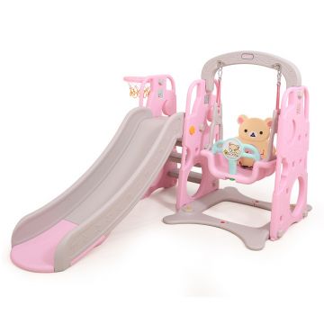 Spatiu de joaca 3 in 1 Nichiduta Garden Pink cu leagan, tobogan cu laterale inalte si cos de baschet 188 x 155 x 124 cm