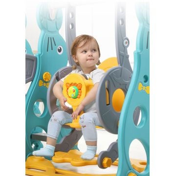 Spatiu de joaca Nichiduta Garden Seal Albastru 3 in 1 cu Cos de baschet, Leagan cu protectie bebelusi, Tobogan cu trepte late, margini rotunjite si protectii laterale inalte