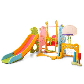 Spatiu de joaca Nichiduta Garden Family Color 4 in 1 cu Leagan, Tobogan, Cos de baschet si Poarta fotbal