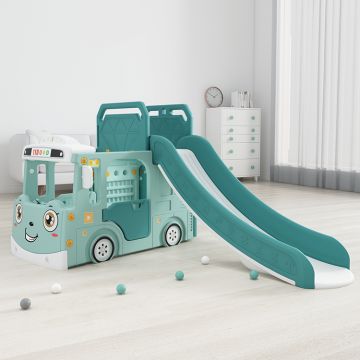 Spatiu de joaca 4 in 1 Nichiduta Happy Bus Green cu saltea impermeabila din spuma, Leagan convertibil, Tobogan cu manere si trepte antiderapante, Cos de baschet,