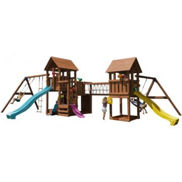 Spatiu de joaca din lemn Penthouse Kiosk cu leagane si pod BlueRabbit 2.0