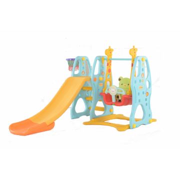 Spatiu de joaca Nichiduta Bear Blue 3 in 1 cu Leagan convertibil, Tobogan cu trepte late si protectii laterale inalte, Cos de baschet cu inaltime reglabila