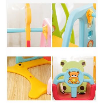 Spatiu de joaca Nichiduta Bear Colorful 3 in 1 cu Leagan convertibil, Tobogan cu trepte late si protectii laterale inalte, Cos de baschet cu inaltime reglabila