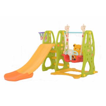 Spatiu de joaca Nichiduta Bear Green 3 in 1 cu Leagan convertibil, Tobogan cu trepte late si protectii laterale inalte, Cos de baschet cu inaltime reglabila