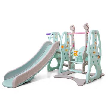 Spatiu de joaca Nichiduta Garden Giraffe Blue 3 in 1 cu Leagan reglabil pe inaltime, Tobogan cu manere si margini rotunjite si Cos de baschet