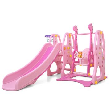 Spatiu de joaca Nichiduta Garden Giraffe Pink 3 in 1 cu Leagan reglabil pe inaltime, Tobogan cu manere si margini rotunjite si Cos de baschet