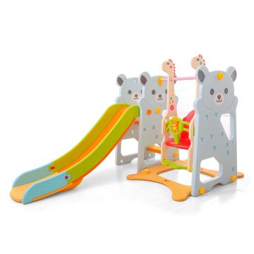 Spatiu de joaca Nichiduta Garden Little Bear Blue 3 in 1 cu Cos de baschet, Leagan cu protectie bebelusi, Tobogan cu trepte late, inaltime reglabila si protectii laterale