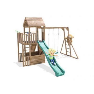 Complex de joaca BalconyFort ™ cu Monkey Bars si 2 leagane, tobogan verde 2.9 m, Dunster House