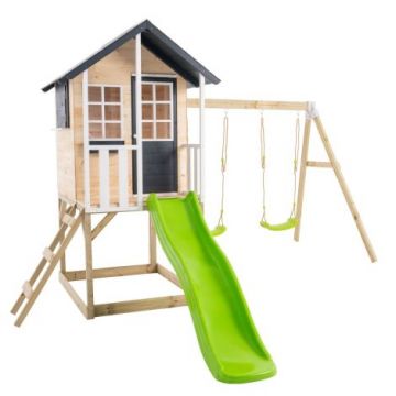 Casuta de gradina TP TOYS, Bluebell Cottage, cu cutie nisip, tobogan si leagan dublu, lemn, negru/maro/alb