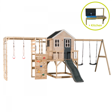 Casuta de gradina, Wendi Toys Grey Lodge, cu tobogan, leagan dublu, modul sport si bucatarie