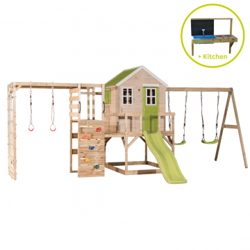 Casuta de gradina, Wendi Toys Lime Lodge, cu tobogan, leagan dublu, modul sport si bucatarie