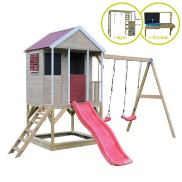 Casuta Wendi Toys Summer Adventure House, cu loc pentru nisip, tobogan, leagan dublu, modul sport, bucatarie