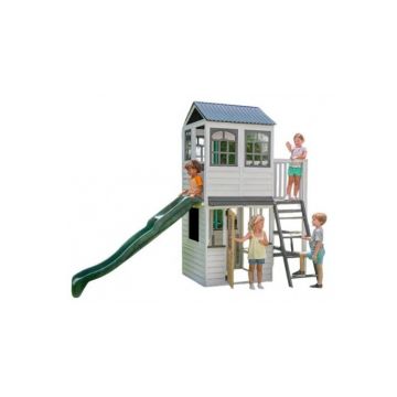 Complex de joaca din lemn cu tobogan, casuta etajata si balcon Woodland View