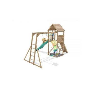 Complex de joaca FrontierFort Max cu Monkey Bars si 2 leagane, tobogan verde 2.9 m, Dunster House