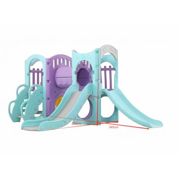 Complex de joaca Nichiduta Garden No 4 compus din 2 turnulete interconectate prin tunel cilindric orizontal, cu 2 tobogane si scara, design modular, dimensiune 200 x 145 x 345 cm