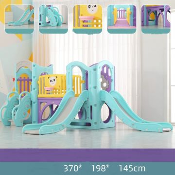 Complex de joaca pentru copii Nichiduta Garden No 5, cu pod suspendat, tobogane, cos de baschet integrat, manere de sprijin, tunel secret, dimensiune 370 x 198 x 145 cm