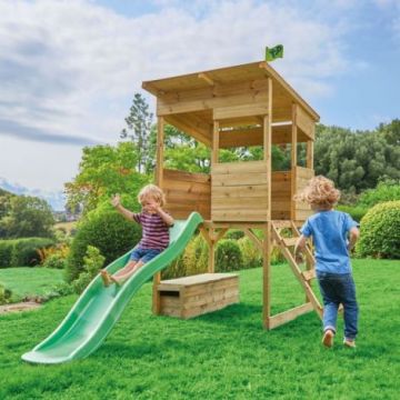 Complex de joaca TP Toys Treetops, lemn tratat, tobogan 1,8m, dimensiuni 241x167cm, inaltime 205cm