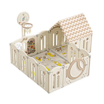 Gardulet loc de joaca copii Nichiduta Garden Happy Home cu poarta de siguranta, Cos de baschet, Unitate muzicala,covoras 1cm grosime, cuburi,tabla, instrumente pentru scris, 100 bile color si casuta