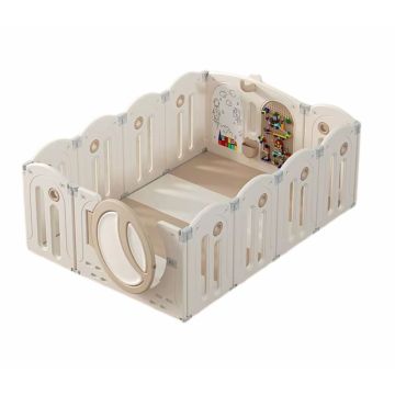 Gardulet loc de joaca interiorexterior Nichiduta Garden 160x120 cm cu poarta de siguranta,joc cu inele,cuburi,100bile color,covoras 1 cm grosime,cos de baschet si mingie inclusa Moon Coffee