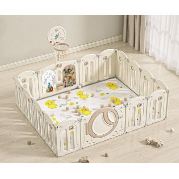 Gardulet loc de joaca interiorexterior Nichiduta Garden 200x160 cm cu poarta de siguranta,joc cu inele,covoras din spuma 1 cm grosime,100bile color,cuburi,cos de baschet si mingie inclusa Moon Coffee