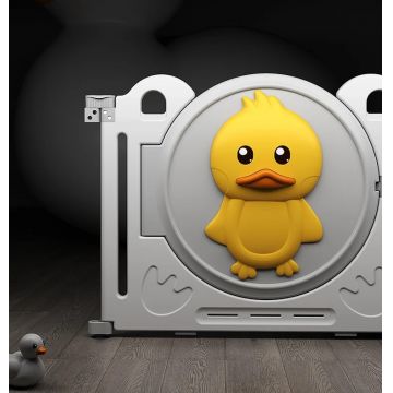 Gardulet loc de joaca Nichiduta Garden Duck Grey Pliabil, Margini rotunjite, Poarta de siguranta cu sistem blocare, Covoras din spuma 235x161 cm si 120 bile