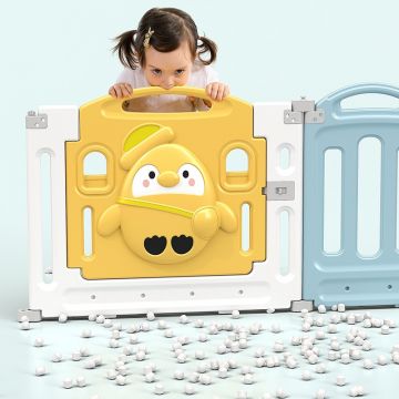 Gardulet loc de joaca Nichiduta Garden Lovely Pinguin Blue cu Poarta siguranta, Picioruse antiderapante, Pliabil, Margini rotunjite, Cos de baschet, 150x118 cm