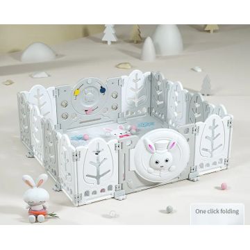 Gardulet loc de joaca copii pentru interiorexterior Nichiduta Garden 200x155 cm cu margini rotunjite, poarta de siguranta, covoras din spuma 1cm grosime,100 bile color si cosulet pliabil Bunny Grey