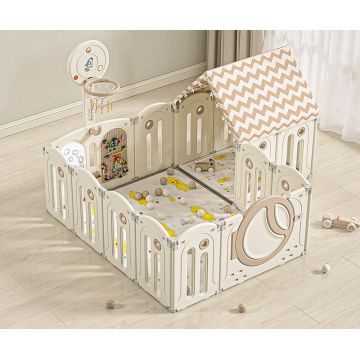 Gardulet loc de joaca copii Nichiduta Garden Happy Home cu poarta de siguranta, Cos de baschet, Unitate muzicala,covoras 1cm grosime, cuburi,tabla, instrumente pentru scris, 100 bile color si casuta