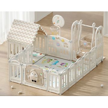 Gardulet loc de joaca Nichiduta Garden Pinguin White cu margini rotunjite, usa cu blocare de siguranta, cos de baschet, casuta, leagan reglabil pe inaltime si bile multicolore