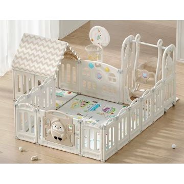 Gardulet loc de joaca Nichiduta Garden Happy House Beige interiorexterior 150X180cm cu margini rotunjite, poarta de siguranta, leagan, casuta si cos de baschet