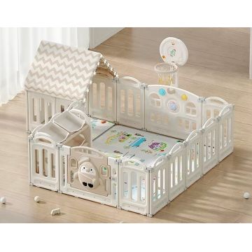 Gardulet loc de joaca Nichiduta Garden Lovely Pinguin 150x180 cm cu poarta de siguranta, cos de baschet, unitate muzicala, covoras 1cm grosime, Organizator cu 6 cutii si Casuta cu instalatie luminoasa