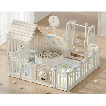 Gardulet loc de joaca Nichiduta Garden Lovely Pinguin House cu poarta de siguranta, cos de baschet, unitate muzicala, covoras, leagan,piscina uscata cu bile si casuta cu instalatie luminoasa