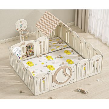 Gardulet loc de joaca Nichiduta Garden Moon House Coffee 200x160 cm cu poarta de siguranta, cos de baschet, tabla de scris, covoras din spuma 1cm grosime, cuburi, cosulet pliabil, 100 bile si casuta