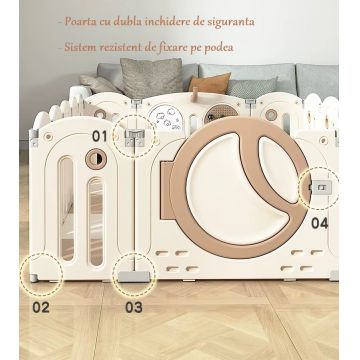 Gardulet loc de joaca Nichiduta Garden Moon House Coffee 200x200 cm cu poarta siguranta, cos de baschet, tabla de scris, covoras din spuma 4cm grosime, cuburi, cosulet pliabil, 100 bile, instalatie lumini si casuta