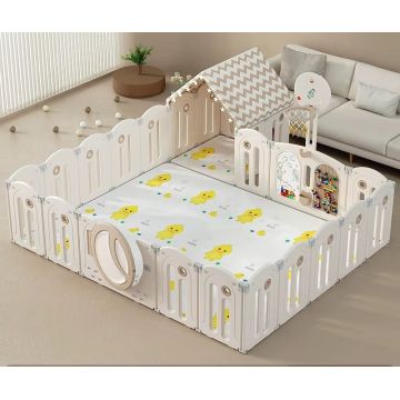 Gardulet loc de joaca Nichiduta Garden Moon House Coffee 240x200 cm cu poarta de siguranta, cos baschet, tabla de scris, covoras spuma 1cm grosime, cuburi, cosulet pliabil, 100 bile, casuta si lumini