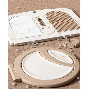 Gardulet loc de joaca Nichiduta Garden Moon House Coffee 240x200 cm cu poarta de siguranta, cos baschet, tabla de scris, covoras spuma 1cm grosime, cuburi, cosulet pliabil, 100 bile, casuta si lumini