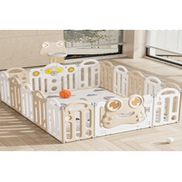 Gardulet loc de joaca pentru copii Nichiduta Garden Beige Frog, pliabil si portabil, de interiorexterior, compus din 14 panouri de gard + 2 panouri laterale cu Cos de baschet si angrenaje rotative, dimensiune 150 x 187.5cm