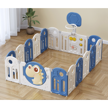 Gardulet loc de joaca pentru copii Nichiduta Garden Blue Dinosaur pliabil si portabil, de interiorexterior, compus din 14 panouri de gard + 2 panouri laterale, inalt 61cm, Cos de baschet si angrenaje rotative