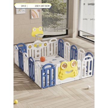 Gardulet loc de joaca pentru copii Nichiduta Garden Blue Frog, pliabil si portabil, de interiorexterior, compus din 14 panouri de gard + 2 panouri laterale cu Cos de baschet si angrenaje rotative, dimensiune 150 x 187.5cm