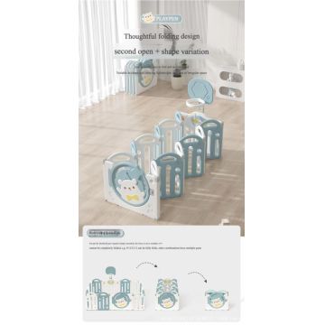 Gardulet loc de joaca pentru copii Nichiduta Garden Grey Bear, pliabil si portabil, de interiorexterior, compus din 14 panouri de gard + 2 panouri laterale cu Cos de baschet si angrenaje rotative